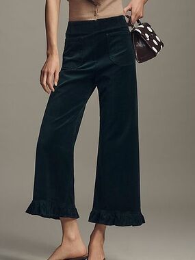 Maeve~Anthropologie Dark Green Velvet Ruffle-Hem Wide Leg Pants